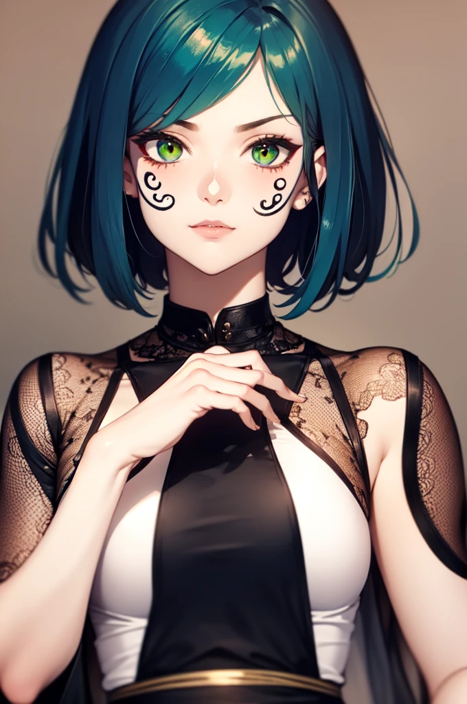 Girl with green hair, Day of the Dead paint on her face, High quality, short hair, long spectral dress, green eyes and Asian features, malignant face and eyes gleaming with malice, dark aura, serius expression