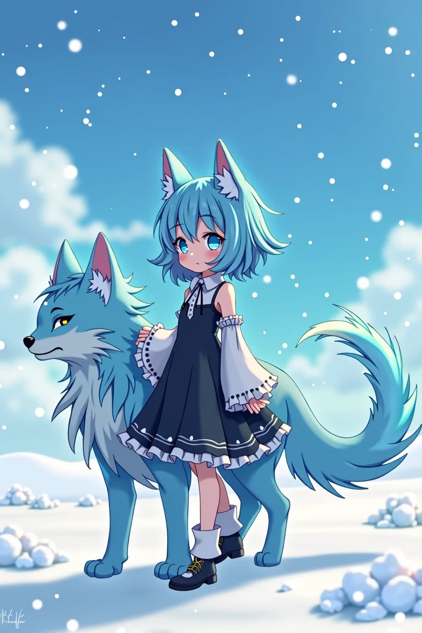 a beautiful anime girl, (best quality,4k,8k,highres,masterpiece:1.2),ultra-detailed,(realistic,photorealistic,photo-realistic:1.37), changeling girl, full body shot, wide blue fur, blue eyes, black and white clothes,  stature, snowy landscape background, detailed facial features, delicate skin, intricate clothing folds, sparkling snow, glowing blue hair, graceful pose, dynamic composition, vivid colors, dramatic lighting