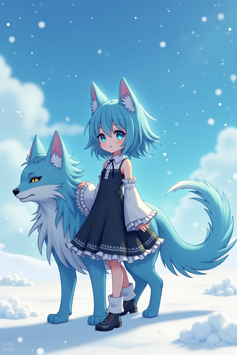 a beautiful anime girl, (best quality,4k,8k,highres,masterpiece:1.2),ultra-detailed,(realistic,photorealistic,photo-realistic:1.37), changeling girl, full body shot, wide blue fur, blue eyes, black and white clothes, stature, snowy landscape background, detailed facial features, delicate skin, intricate clothing folds, sparkling snow, glowing blue hair, graceful pose, dynamic composition, vivid colors, dramatic lighting