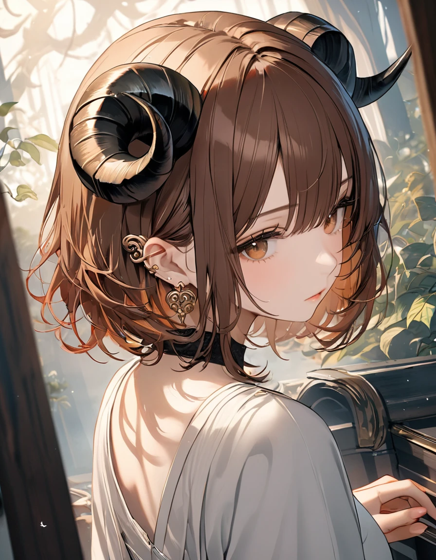 8k, Highest quality, Highest quality, masterpiece, beautiful、Chestnut hair、medium hair、Black swirling giant ram horns in my ears、