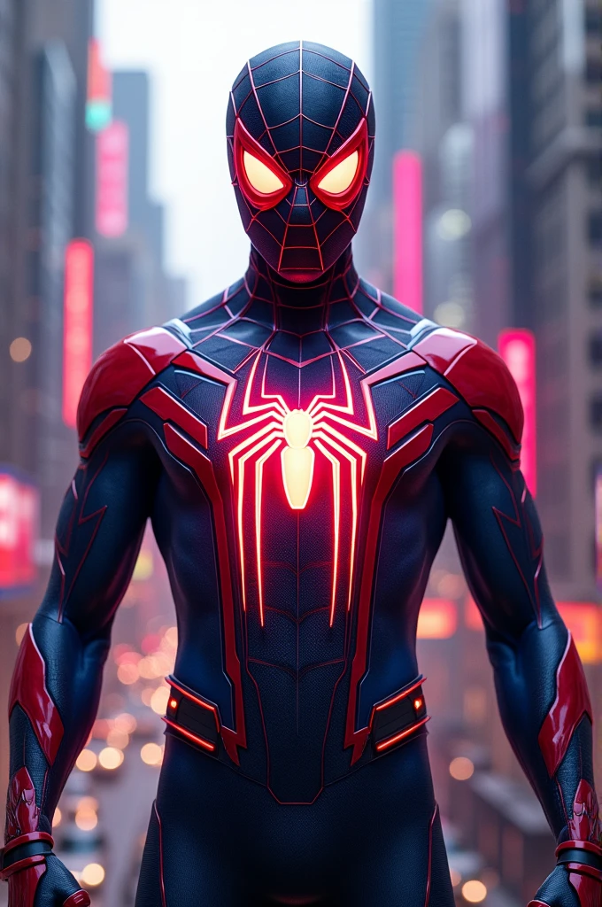 Spider man with advanced suit and red layer spider symbol glow with color