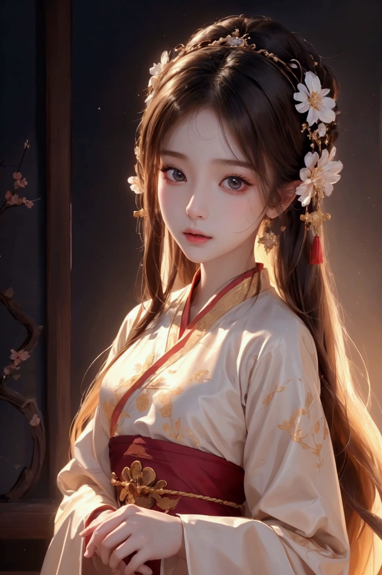 8k, RAW Photos, Highest quality, masterpiece: 1.2), (Realistic, Photo Realistic: 1.4), {{{One girl}}},, Depth of written boundary, whole body, Cinema Lighting, Asian Girl, Beautiful Faces, Beautiful body, sweating, , Depth of written boundary, skin, ear, Pale skin, Highest quality, masterpiece, figure, Very disciplely and beautiful, Very detailed,CG,Unity,8k wallpaper,wonderful,In detail,Master,Highest quality,Official Art,Very detailed CG Unity 8k wallpaper,Ridiculous,incredibly Ridiculous,Large file size, Very redundant, High resolution, Very redundant, Beautiful detailed girl, Very detailed目と顔, Beautiful attention to detail, Light on the face, (Hanfu: 1.1), One girl、Small breasts