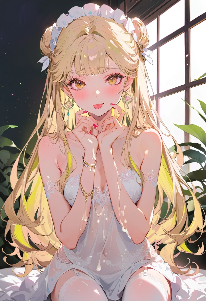 (Highest quality,Very detailed,High resolution:1.2),Beautiful girl with a perfect face,very_Long eyelashes, Detailed lips, A radiant smile, Soft Skin, Shiny Hair,Vibrant Background, Natural light,The cutest girl in the world,Exquisite makeup,Pouting, Long Hair, Pink and gold, (Highlighted Hair: 1.6), (Small breasts:0.4), naked, Five fingers, Frilled headdress, naked, Knee-high stockings, 上半身はnaked、 (indoor:1), naked, White garter belt, Knee-high stockings, 上半身はnaked、Sticking out tongue、blush:1.5、White liquid:1.5、、bukkake sex:2.5、bukkake sex、Wet body:2.5、Wet body、Wet Hair:2.5、Wet Hair、naked, Colorful Hearts ,Colorful Hearts,