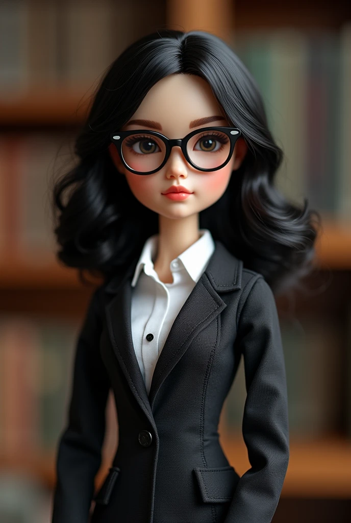 Brunette doll wearing glasses, black medium hair, with intellectual clothing standing