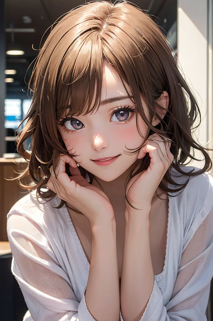 (Mastepiece:1.3), It is high resolution., Super detailed, Highly Detailed CG Unity 8k Wallpaper, Realism, photo-Realism, Raw photo, Beautiful detailed face, Light skin, Realism glistening skin, Detailed cloth texture, Detailed hair texture, Perfect Body, Beautiful face, correct, Anatomically correct, Highly detailed face and skin texture, Natural neck length, (Beautiful hands and airy skin:1.2), Slim legs, Slim legs, BREAK, Detailed eyes, Symmetrical eyes, Light brown eyes, Double eyelids, Thin eyebrows, (Glossy lips:1.4), ((Smiling Kindly, Waiting for a kiss:1.2)), (blush:1.1), BREAK, (Classy and cute girl:1.3), Large Breasts, (Slender figure:1.1), Strong abdominal muscles, Beautiful clavicle, (Blonde Hair, Wavy Hair, Long Hair:1.2), ((Asymmetrical bangs:1.2)), BREAK, ((stand in the reception area, A posture of leaning forward:1.1)),Looking at the Viewer