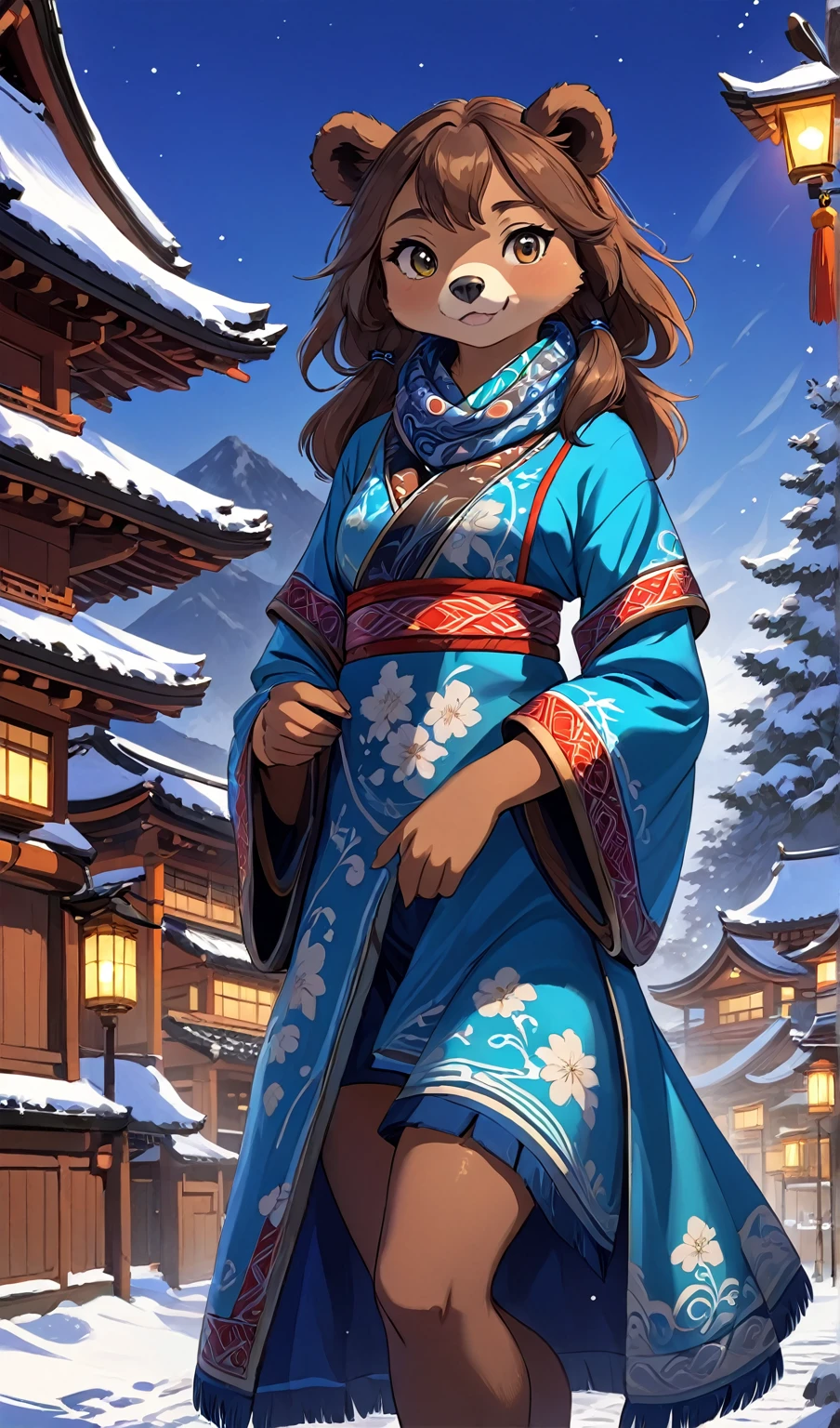 Brown Bear, human nature, Furry, Miss, Miss化的, Fur, detailed Fur,Ainu women in traditional clothing,Fair深藍色服飾,scarf, masterpiece, best quality, Digital art, (actual:0.3), cartoon, Detailed route, High resolution, visually stunning (detailed lighting, Depth of Field:0.9), detailed color, Bright colors create perfect hands, Detailed hands (Fair, Cute, Fluffy:1.2), detailed body, Perfect breasts, 1 girl, , smile full of love,Hokkaido natural landscape, National costume, national totem