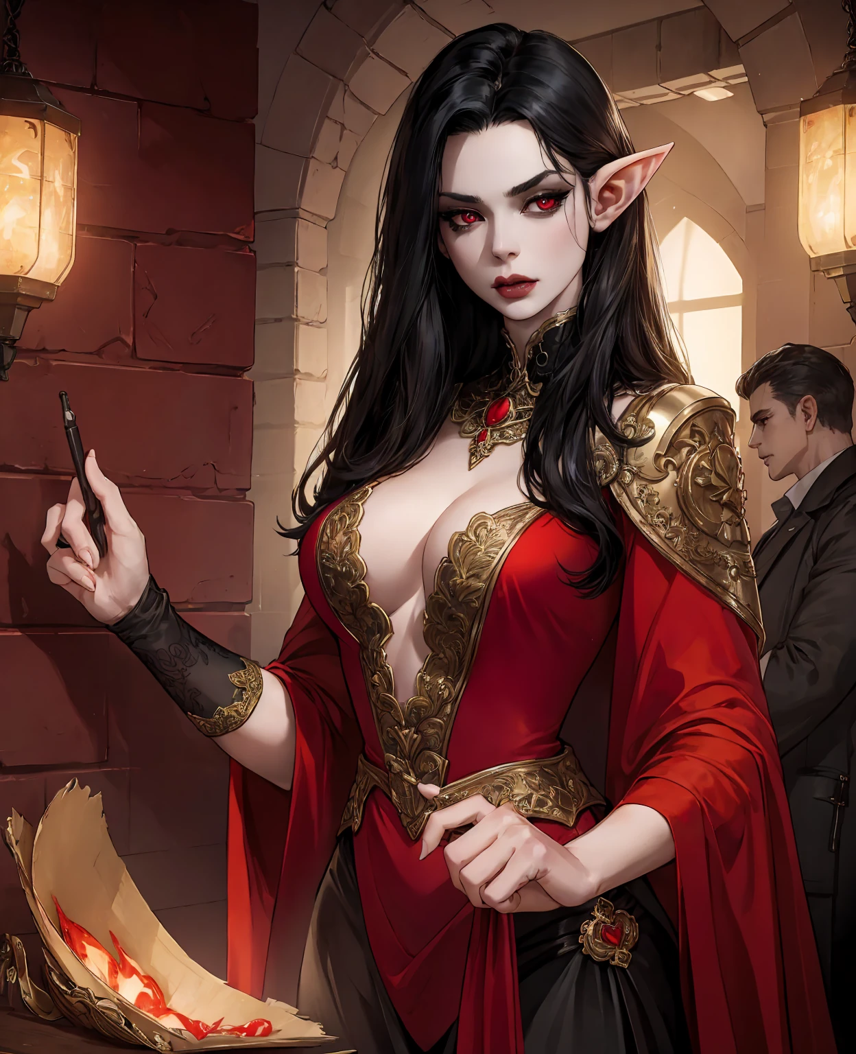 a devilish woman with black hair,pale skin,red eyes,elf-like costume,dark mysterious setting,cinematic lighting,dramatic shadows,oil painting,chiaroscuro,highly detailed,photorealistic,masterpiece,8k