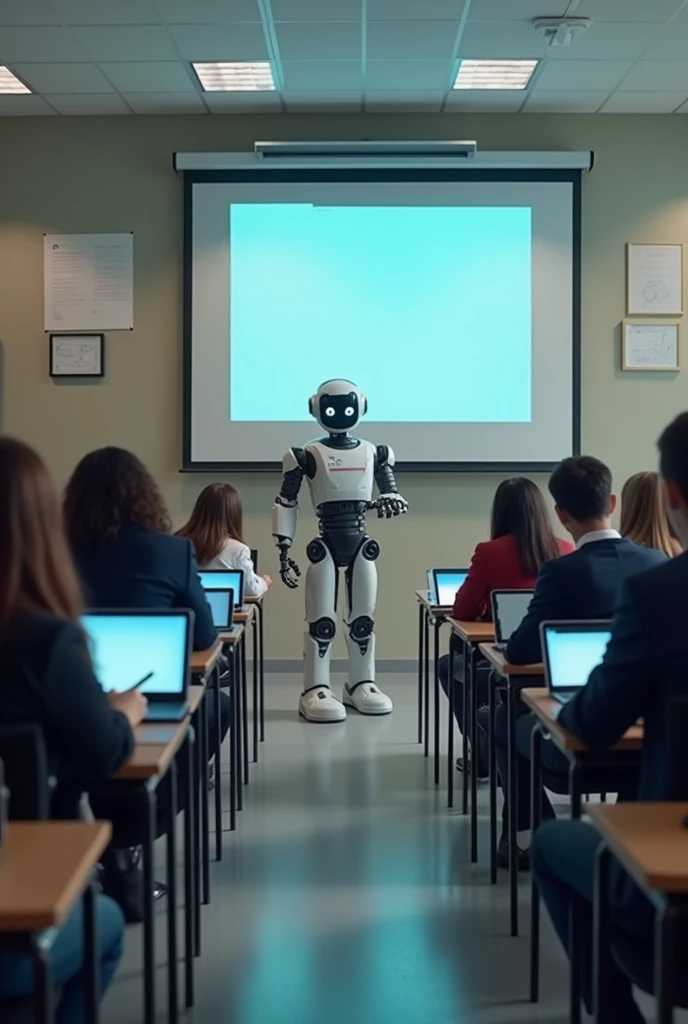 A DIGITAL CLASSROOM ALOT OF STUDENTS ARE SIITTING ON THE BANCH WITH DECENT LOOKS AND WELL MANNERED THEY HAVE BOOKS AND IPAD IN THEIR HAND AND THEY ALL ARE STUDYING FOCUSLY AND THE TREACHER IS A ONE ROBOT THE WHOLE CLASSROOMS WALL IS DECORATED WITH ROBOTICS AND AI BASED WALLPAPERS