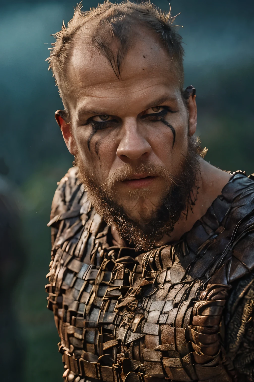 Hyper realistic, ultra detailed, cinematic posterof Floki a viking warrior, old man, 50 years old, black makeup on eyes, beard, ((action scene)), in dynamic combat pose, ((night, rain fall)) , ultra realistic, skin texture, cinematic lighting. (((Cinematic thunder background))) .