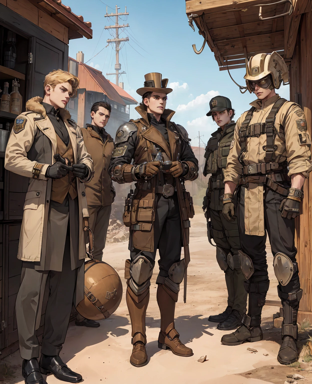 there are four men in helmets standing in a line, cyber steampunk 8 k 3 d, television screenshot, the fifth series, mugshots, anthropomorphic machine, standing in wasteland, wales, promotional shot