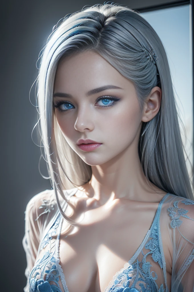 8k, (full body shot:1.2), 20-year-old European girl, raw, Beautiful woman, (straight gray hair), (intricate, sheer, transparent, translucent,(no clothes:1.2)), intricate, beautifull face, elegant, highly detailed, digital hyperrealistic photography, hyperrealistic photography filigree, shyness, most beautyfull face, (masterpiece, sidelighting, (finely detailed beautifull blue eyes: 1.2)),