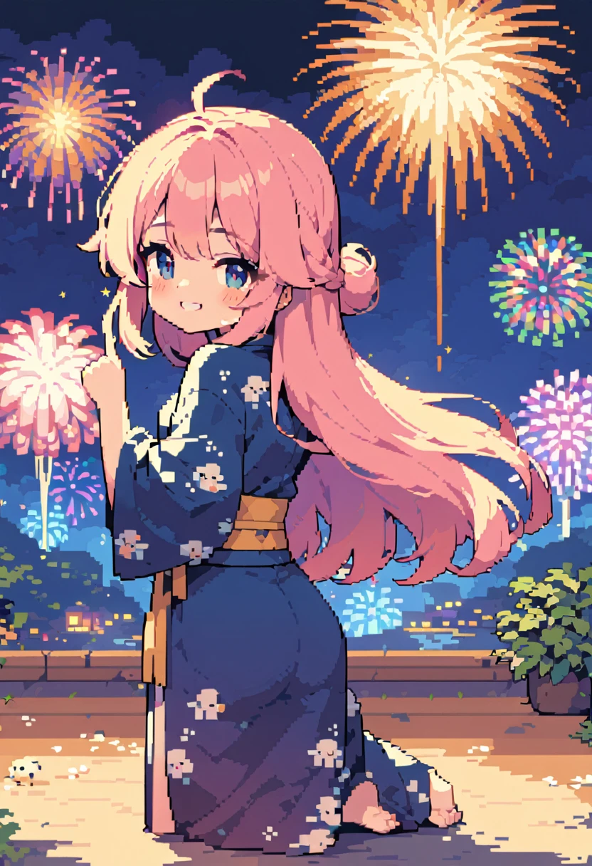 masterpiece, Highest quality, 8k, Pixel art, Pixel art, Vivid, Sheep, woman, 若いwoman, cute, (back view:1.3), Pointing diagonally upwards, Smiling, Beautiful Shadows, Fluffy hair, Long Hair, Hair like sheep's hair, Pink Hair, Sheep pattern yukata, (night), Fireworks display, Fireworks are going off, Large-flowered fireworks, From the top of the hill