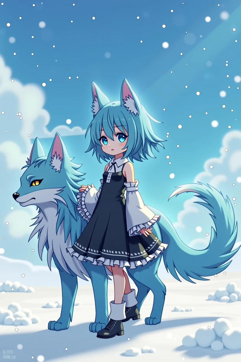 a beautiful anime girl, (best quality,4k,8k,highres,masterpiece:1.2),ultra-detailed,(realistic,photorealistic,photo-realistic:1.37), changeling girl, full body shot, wide blue fur, blue eyes, black and white clothes, stature, snowy landscape background, detailed facial features, delicate skin, intricate clothing folds, sparkling snow, glowing blue hair, graceful pose, dynamic composition, vivid colors, dramatic lighting