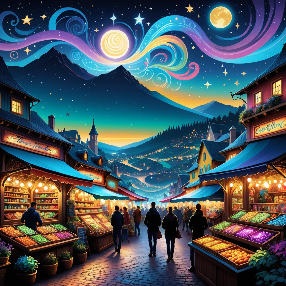 Estilo Graffiti Um Vibrante, colorful illustration of a busy fantasy market, with intricate details and dynamic lighting inspired by Tyler Edlin's style Design a Thomas Kinkade-inspired garden with a cozy cotmarkinge A Vibrant, swirling representation of a starry night sky over a peaceful village, inspired by &#39;the starry night&#39; de Vincent van Gogh . streetart, Vibrant, Urban, detailded, marking, mural