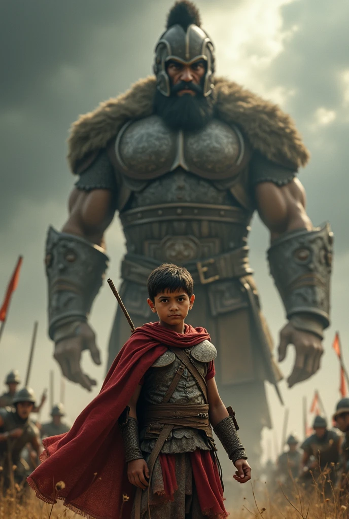 ((best quality)), ((masterpiece)), (detailed), perfect face
"Davi, a young boy with a determined look, stands ready with a sling in his hand. In the background, the massive figure of Golias, a giant warrior, looms with a menacing expression. The battlefield is tense, with dark clouds gathering, highlighting the epic nature of the confrontation."