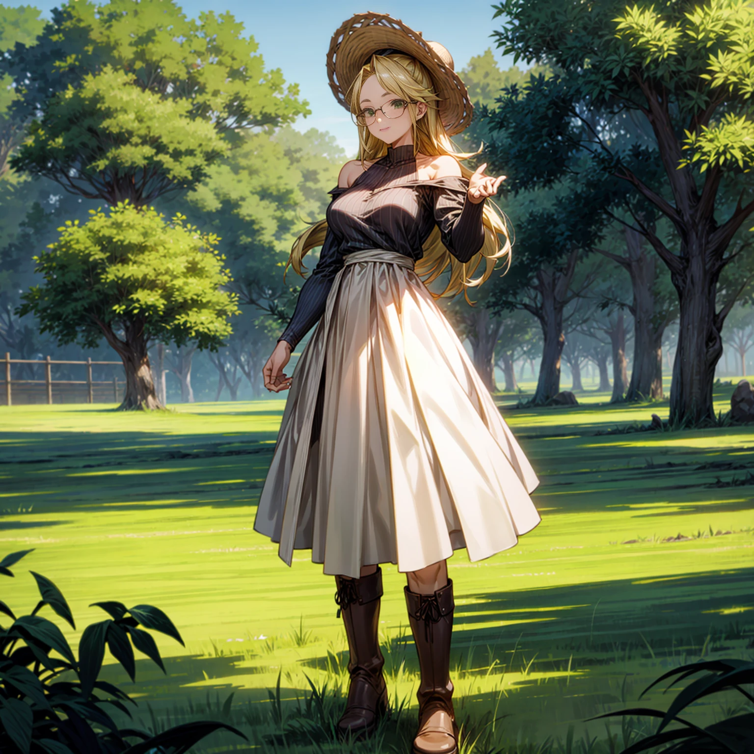 Solo character, full body version, old girl, muscle, green eyes, blonde color hair, long hair, white dress clothing, bare shoulder clothing, boots, outdoor, field, Greenland, medieval, morning, standing gesture, detailed background, detailed clothing, detailed hair, happy eyes, (food wars style art), (dragon ball style art), glasses, big breast, straw hat