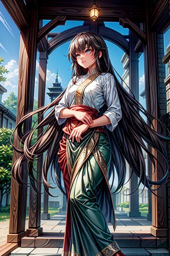 A powerful Hindu Sanatani woman, resplendent in traditional attire, stands majestically amongst the sacred Neem trees, surrounded by sacred religious scripts and ornate temple artifacts, giving off an air of serene resilience within the Anime & Comic Book style.