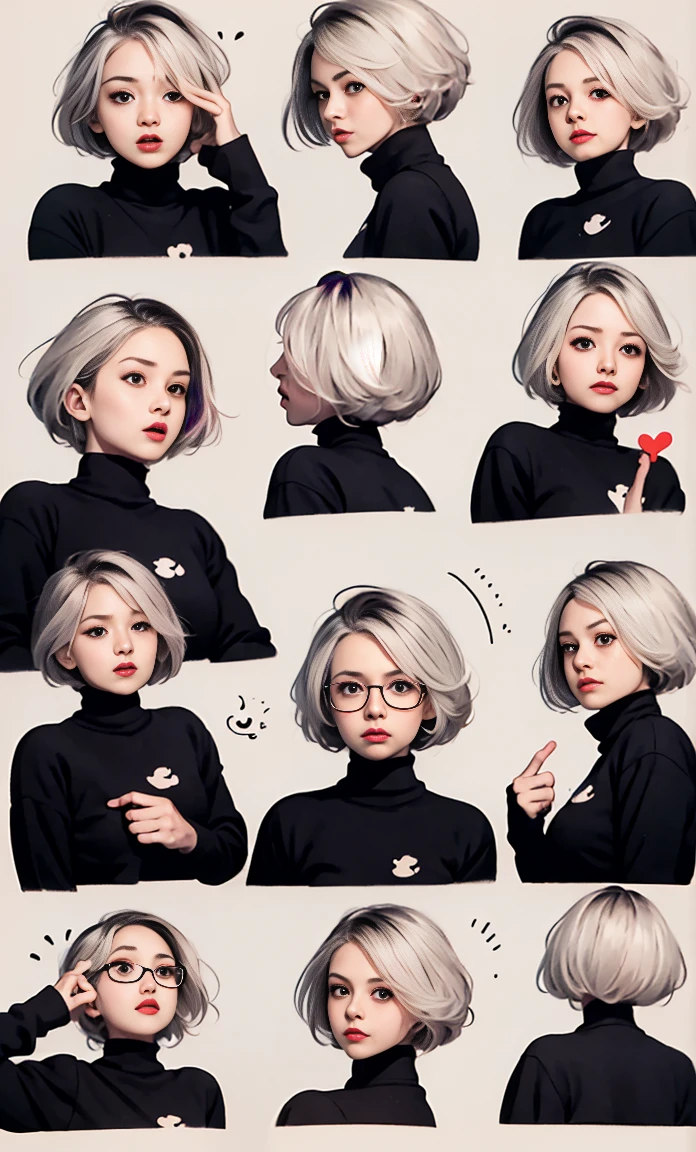 Cute girl avatar，Emoji Pack，（Glasses），((9 Emojis，Emoji sheet，Align arrangement))，(9 poses and expressions),（Sad，surprise，Have fun，Excited，LOL，anger，Doubt，I touch your head，Selling Moe,cry），Anthropomorphic style，Black Line，A variety of emotions，9 poses and expressions，8k,yorha no. 2 type b,silver hair,2B NIER:Automata,