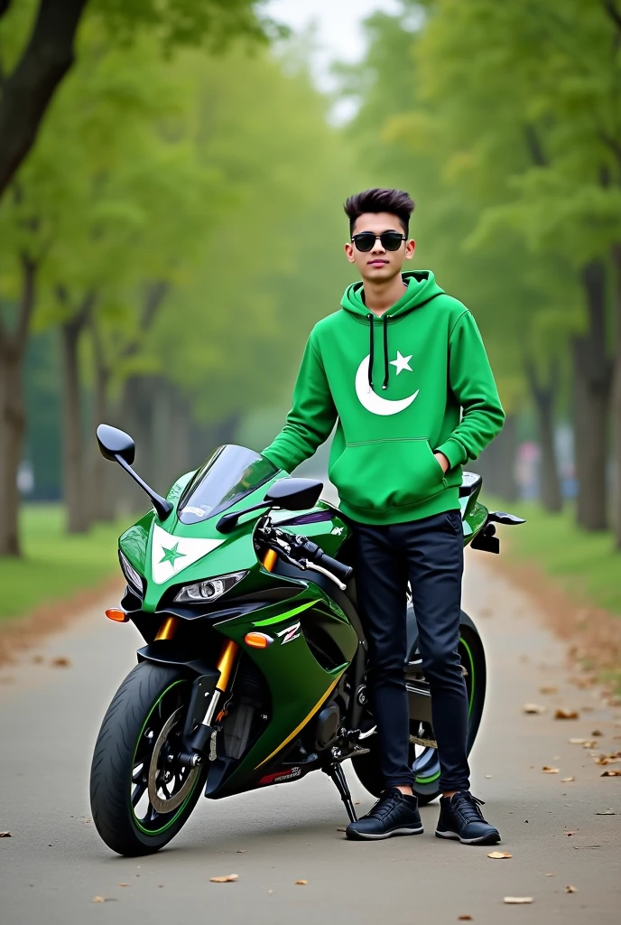 Create 3D illusion for a profile picture where a 23-Year-old cute boy in a GREEN hoodie in front write name Hurara stand beside casually on a Pakistani Colored Green and white GSX-R1000, Wearing black sneakers, and sunglasses, he looke ahead with Pakistani flag in his bike, The background features is beautiful park