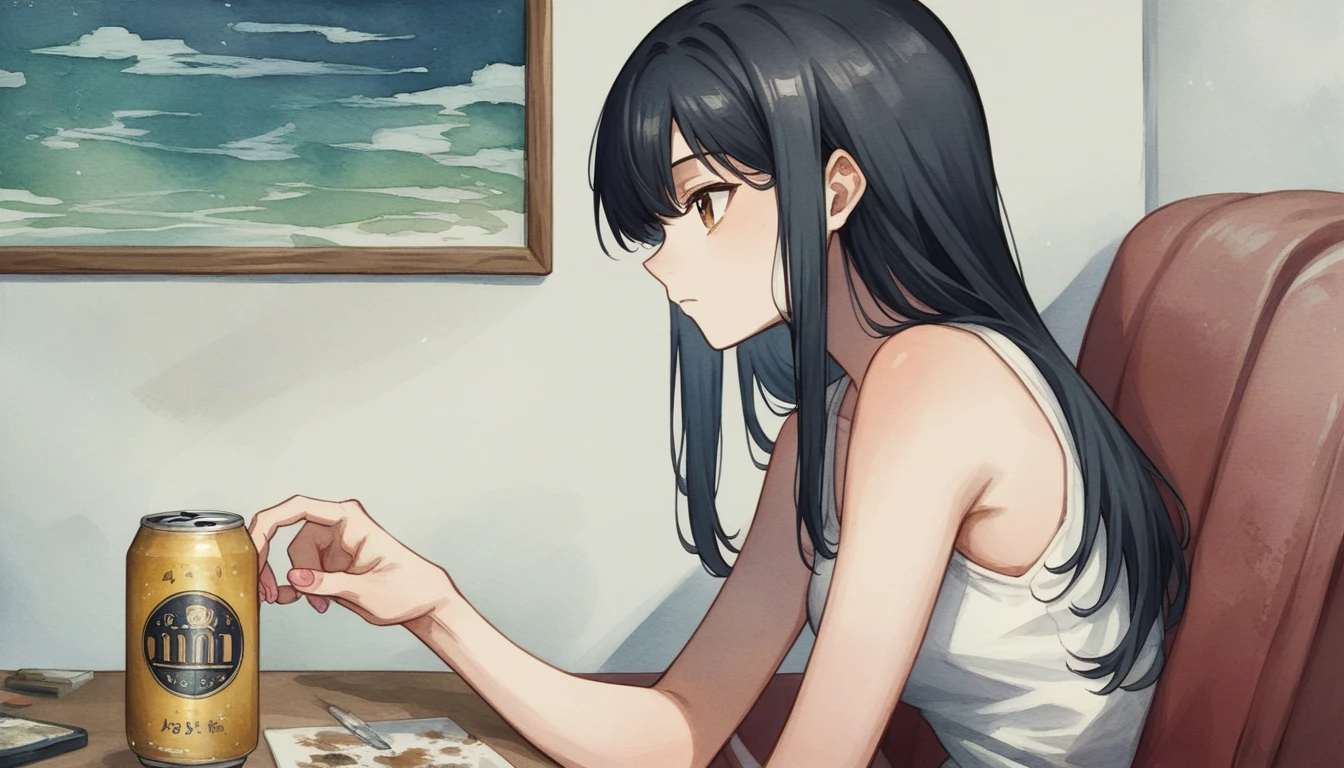 (watercolor:1.2), watercolor, One Girl, alone, Long Hair, Black Hair,  Holding,Holding、 Pleats,部屋にaloneいる, profile, A beer can on the table、Painting \(Moderate\), White tank top,,Shorts, From the side, Sitting on the sofa and looking at the smartphone screen, Cowboy Shot, Brown eyes, bangs, chest, Pink Nails、relax、Watching a movie on a smartphone、looks fun