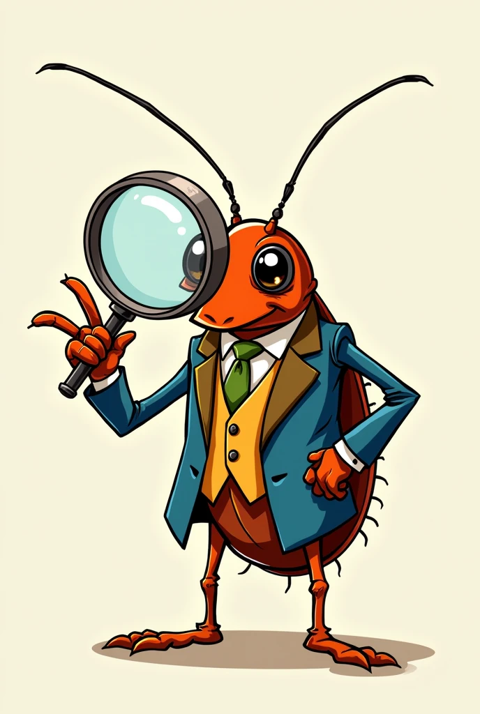 funny cartoon image of a cockroach with human characteristics, wearing a colorful suit and holding a magnifying glass covering one eye, signaling with the thumb