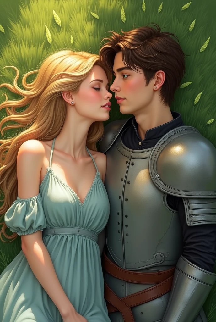 A girl with blonde hair, white skin and green eyes lying on the grass, She is dressed in a light blue dress and next to her is a boy with brown hair., hazel eyes and tanned skin who is also lying on the grass, He has a muscular appearance, although not very exaggerated and is dressed in gray armor. They are both 17-year-olds. They are lying face up.