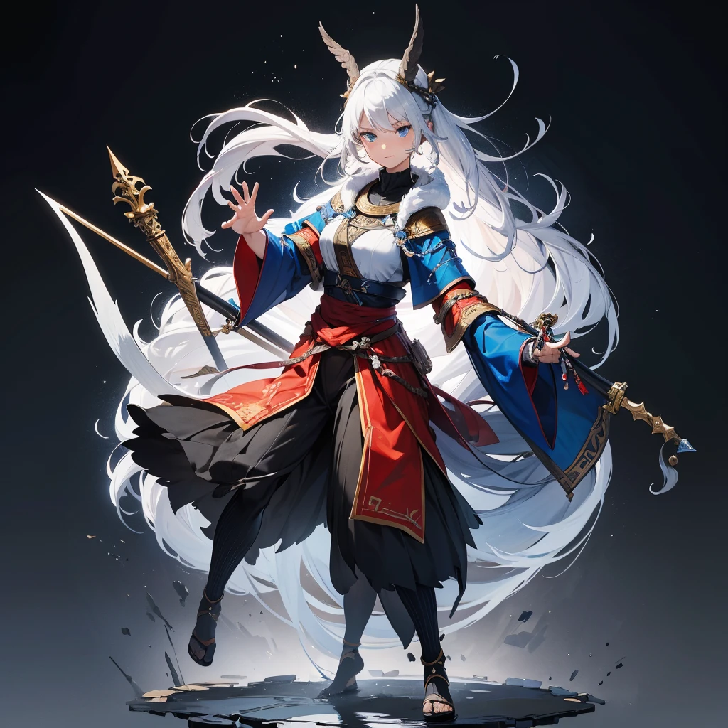The main character in the Scandinavian Nordic theme. shaman, woman. It is necessary to depict an interesting weapon and a guardian spirit. The preferred details would be a dynamic pose., Rendering style is casual, soft, with neat shapes and detailed textures, Pure colors, without burnt or dirty. The character should look finished., do not give the impression of a sketch or a quick drawing, full length, character in full. digital painting