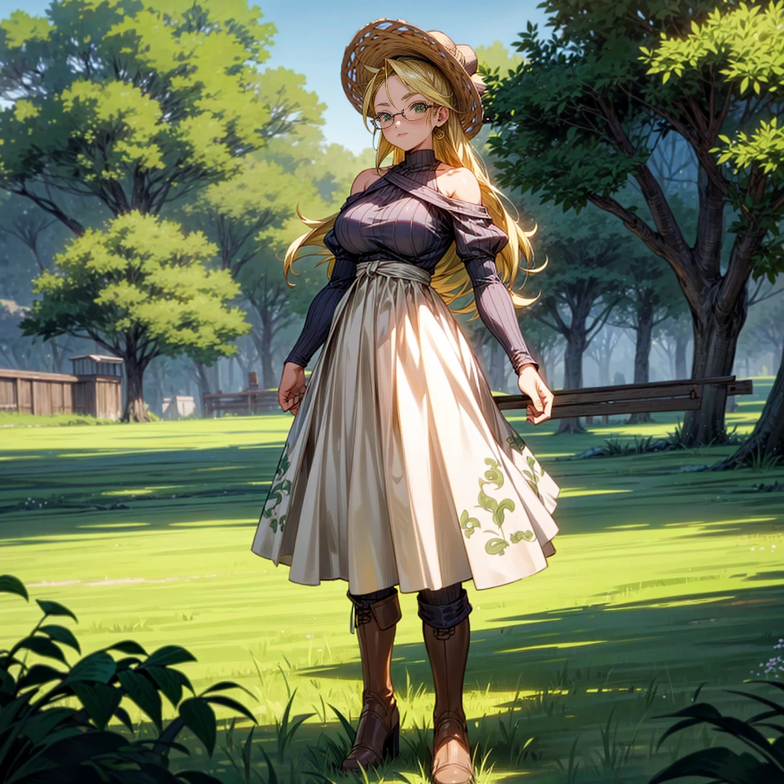 Solo character, full body version, old girl, muscle, green eyes, blonde color hair, long hair, white dress clothing, bare shoulder clothing, boots, outdoor, field, Greenland, medieval, morning, standing gesture, detailed background, detailed clothing, detailed hair, happy eyes, (food wars style art), (dragon ball style art), glasses, big breast, straw hat