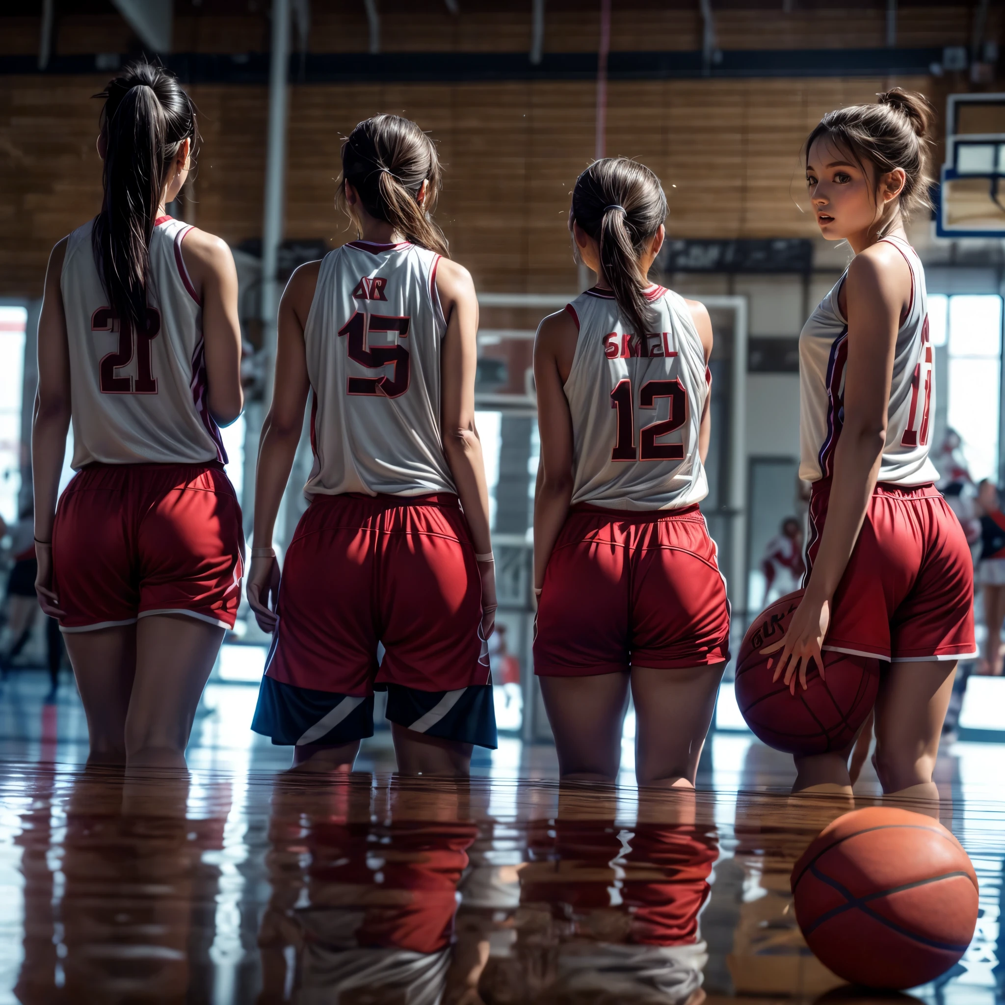 ExtremelyDetailed (((Basketball Team Girls in a row:1.4))), Childish perfect face, Reflective Eyes, Detailed(Delicate Clothing textures), Corrected Leg to Foot Line, Corrected Perfect Hand, Dynamic Joyful Expressions LifeLike Rendering, ((Specular Reflection:1.28)), TopQuality 8K Ultra-detailed masterpiece (ProfessionalPhoto:1.37)(Acutance:0.8),(Luminism:1.22), Locker room (Exposed) (Changing clothes)
