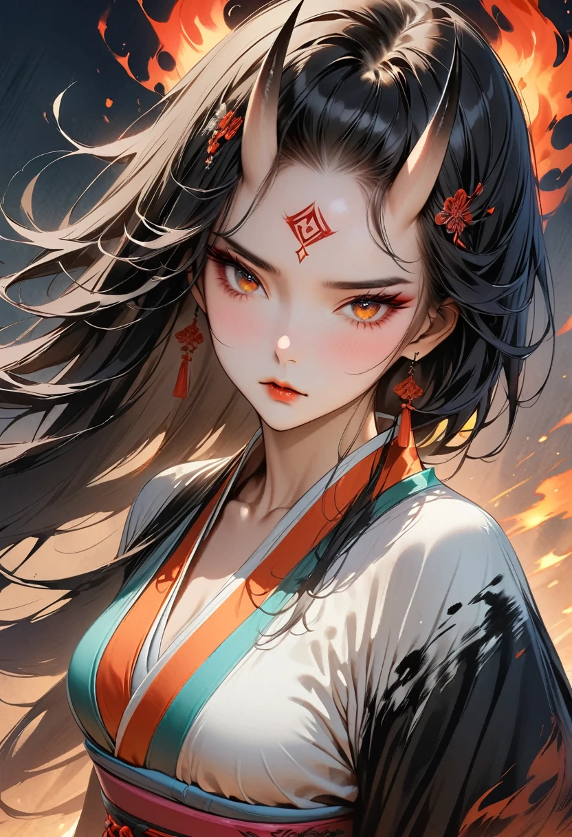 (Masterpiece, Top quality, Best quality, Official art, Beautiful and aesthetic:1.2), Ink painting, (((1 girl))), (((Very detailed forehead tattoo))), sexy devil,1 girl, wearing a kimono, (2 small oni horns:1.6), fire around her, Glowing body, Colorful, Top detailed, Cold light,  Tattoo