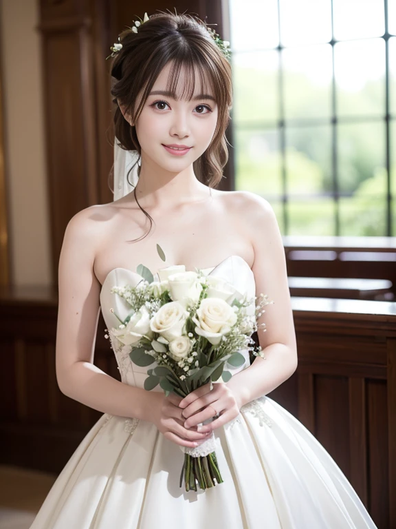 Photo-realistic quality、a woman in a Wedding dress holding a bouquet of flowers、Standing in front of the church、20 year old Japanese model、白のWedding dress,Hanae Mori style wedding dress、Japan idols at 20 years old、lace prom dresses、looking at the camera、Detailed and beautiful eyes、Cute smile、Relaxed and gentle expression、a close up of a woman in a Wedding dress holding a bouquet, Wedding dress, So magical and dreamy、Blur the background a lot、300ｍｍ F2.Shot with 8 lenses