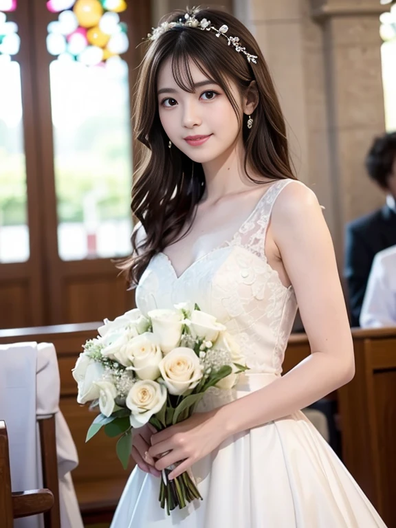 Photo-realistic quality、a woman in a Wedding dress holding a bouquet of flowers、Standing in front of the church、20 year old Japanese model、白のWedding dress,Hanae Mori style wedding dress、Japan idols at 20 years old、lace prom dresses、looking at the camera、Detailed and beautiful eyes、Cute smile、Relaxed and gentle expression、a close up of a woman in a Wedding dress holding a bouquet, Wedding dress, So magical and dreamy、Blur the background a lot、300mm F2.Shot with 8 lenses