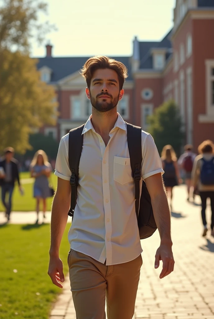 A man on his first day of university, the brown-haired man in his 20s