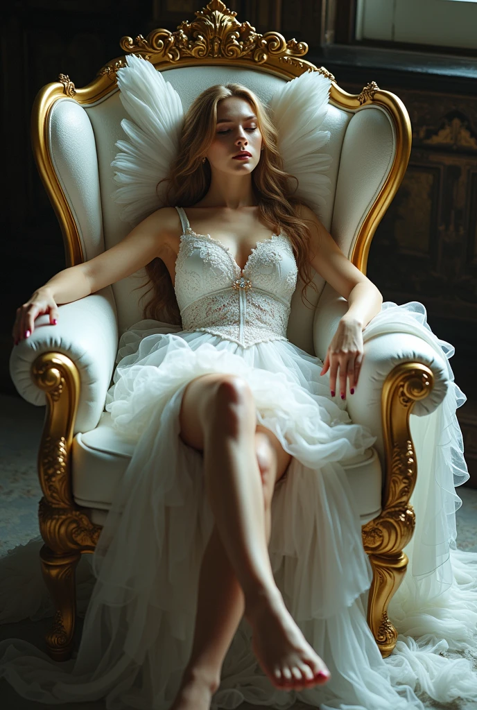 beautiful youn girl,4k,ultra detailed,tattoo,smoke,expressive beautiful,younger,tattoo,wearing fantasy white dress, wearing fantasy white high heels,sitting on the throne,crossed legs,sexy,make-up