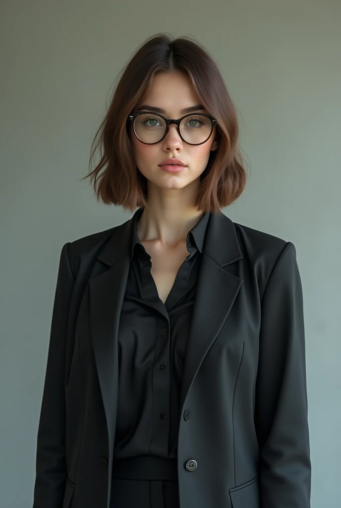 Brown woman wearing glasses, medium straight hair, blackw, with intellectual clothing standing 
