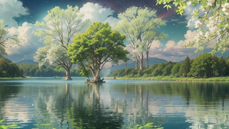 A huge white tree that seems to reach the sky is seen in the middle of the lake that has no end. On the branches of the trees, there are shining green leaves. In the sky, there are rainbow-colored clouds and shooting stars falling, It is reflected in the lake. Rain falls on the lake. Ripples from the raindrops exist. Overwhelming scale 