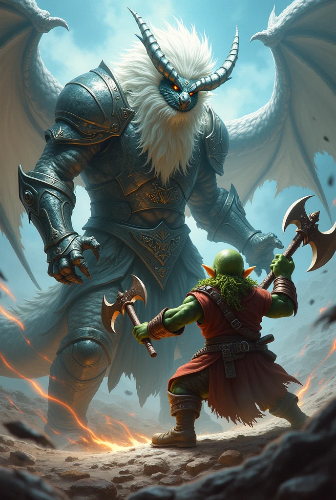 A half-human, half-dragon wizard with white skin and heavy armor fighting a short, fat green-skinned gnome with two axes