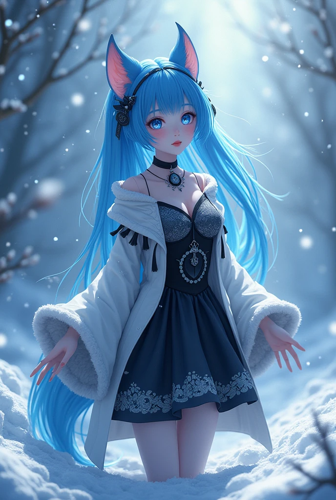a beautiful anime girl, (best quality,4k,8k,highres,masterpiece:1.2),ultra-detailed,(realistic,photorealistic,photo-realistic:1.37), changeling girl, full body shot, wide blue fur, blue eyes, black and white clothes, stature, snowy landscape background, detailed facial features, delicate skin, intricate clothing folds, sparkling snow, glowing blue hair, graceful pose, dynamic composition, vivid colors, dramatic lighting
