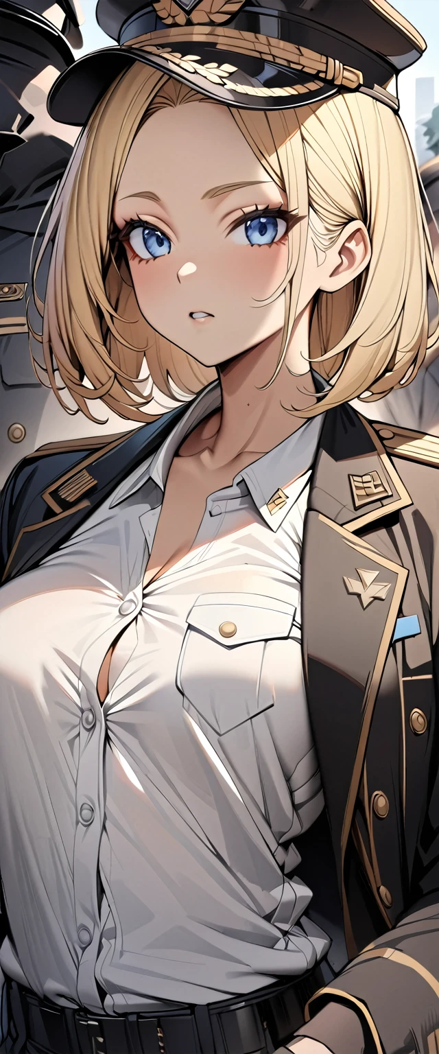 Bobcut　Blonde　forehead　soldier　Nazis　uniform　Officer　陸軍Officer　Black costume　Army Costume　Wearing military gear　Army Caps　Long sleeve　Long trousers　Shoulder jacket　Jacket on the shoulder　I haven't put my arms through the sleeves of the jacket.　White shirt　((Loose-fitting clothing))　((Upper Body))　Big eyes　Blue eyes　Mouth closed　Highest quality　Super detailed　detailed woman　High quality　8k　