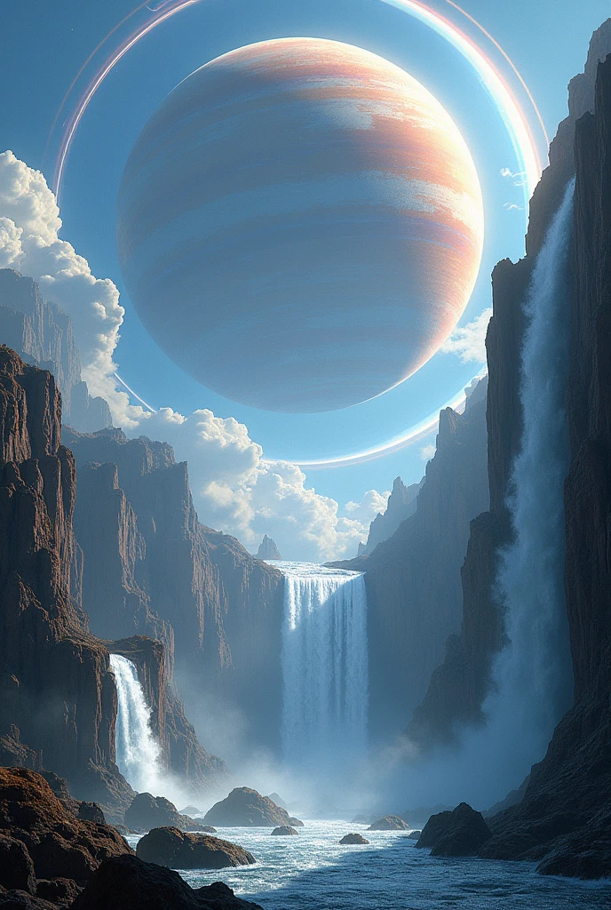 make an image of a planet with rings releasing waterfalls
