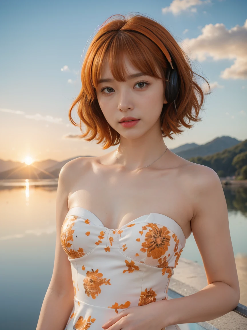 Top Quality, Masterpiece, Super High Resolution, (Actual:1.3), Original Photo, (Nature Photography), (Magnificent mountaintop, Sea of clouds), (Very wide mountain top), (Sunset), (Girl), (Upper body), (Natural Light: 1.0), (Side View: 0.0), (Cowboy Shot: 0.0), (upper body: 1.8), (Close-up: 0.8), Portrait, Cinematic Lighting, Glow, Ray tracing, reflected light, f135mm, UHD, accurate, skin texture, super detail, great detail, high quality, highest quality, 8k, (surrealism: 1.2), BREAK, (Japanese: 1.3), (22 years old: 1.0), (Small breasts: 1.6), (Long, large, slit eyes: 1.8), (Realistic eyes: 1.8), (Height at 165cm: 1.2) , (Transparent white skin: 1.2), (Short curly bright pink hair with bangs: 1.3), (Deep eyeshadow makeup: 1.4), BREAK, (Correct hand: 1.6), (Correct fingertips: 1.6), Sexy pose, (Place hand near cheek: 1.8), BREAK, (Big white headphones: 1.4), (Wearing an orange and white printed strapless dress: 1.3), BREAK,
