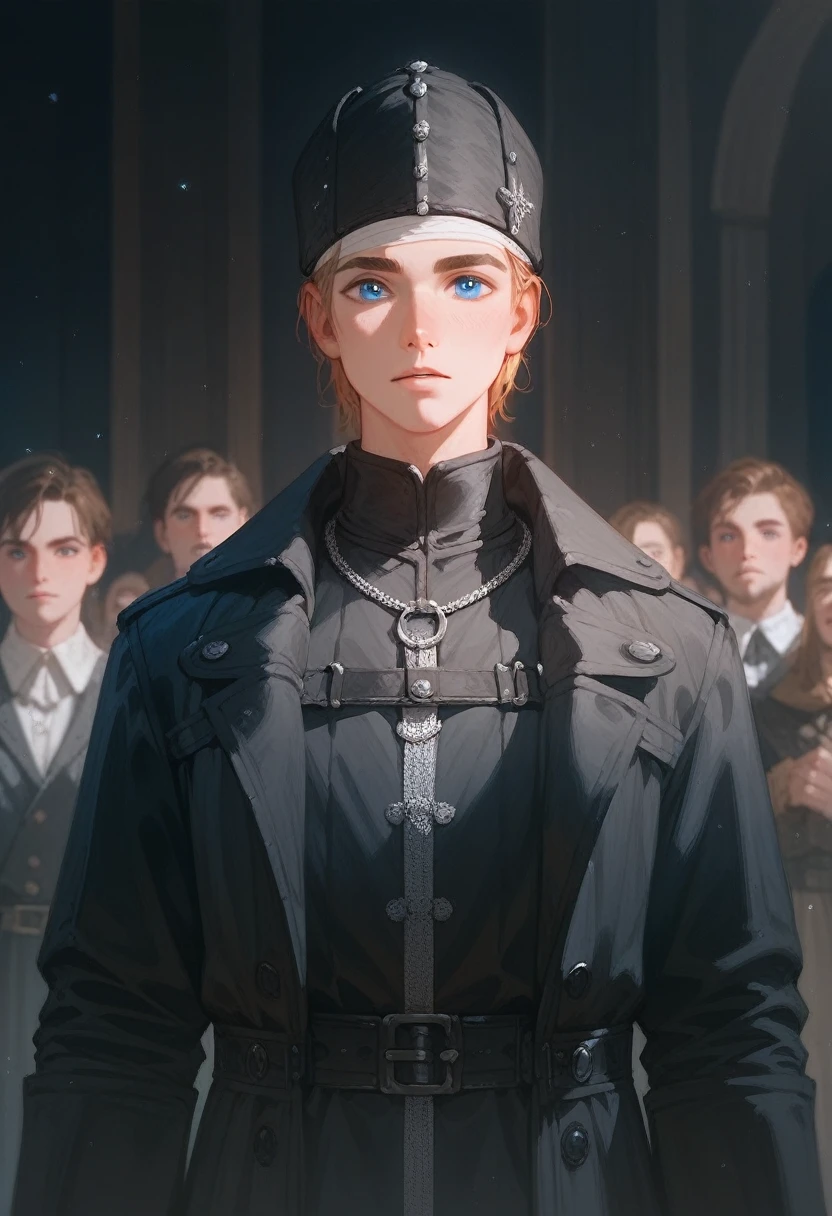 Teenage Boy,Medieval style,Black trench coat,Standing,Facing the audience,calm,high quality,8k,Ultra HD,masterpiece,Detailed facial depiction,Blue Eyes,