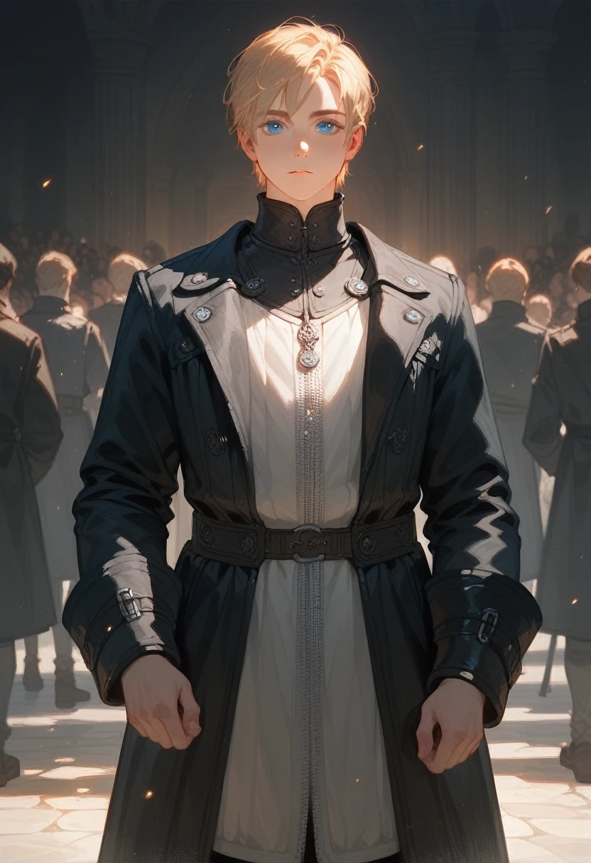 Teenage Boy，Medieval style，Black trench coat，Standing，Facing the audience，calm，high quality，8k，Ultra HD，masterpiece，Detailed facial depiction，Blue Eyes，