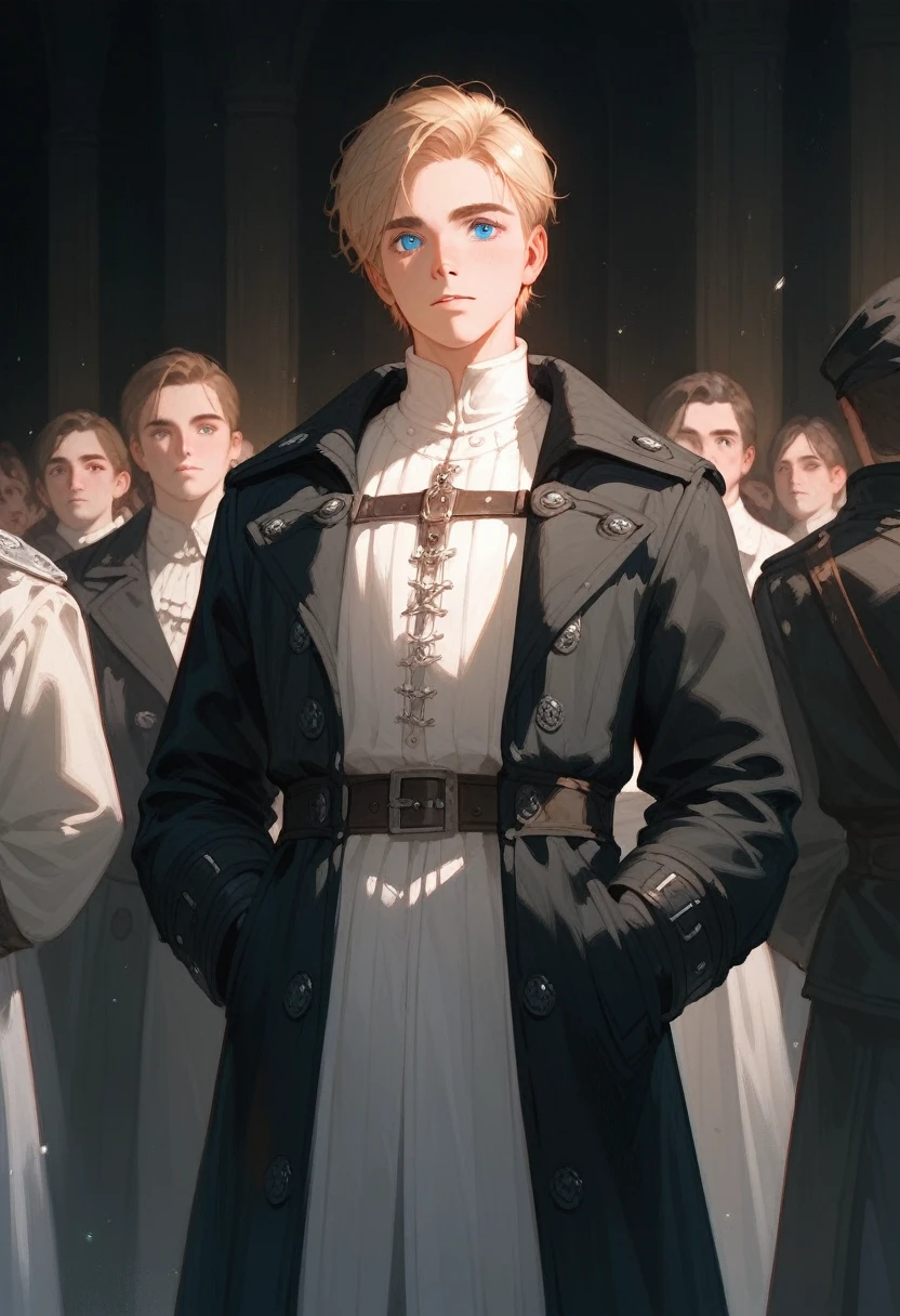 Teenage Boy，Medieval style，Black trench coat，Standing，Facing the audience，calm，high quality，8k，Ultra HD，masterpiece，Detailed facial depiction，Blue Eyes，