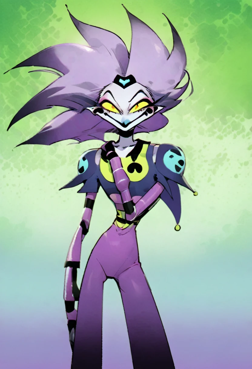 Slapstick,a cartoon Marvel Comics character,femboy,skinny,long hair,purple hair,androgynous,male focus,flat chest,white pale skin,toon,yellow eyes,a goofy physique, clown,inspired by the style of The Mask/Bill Sienkiewicz, 90’s comics, masterfully rendered with exceptional detail and cartoony, vivid colors, and funky lighting.