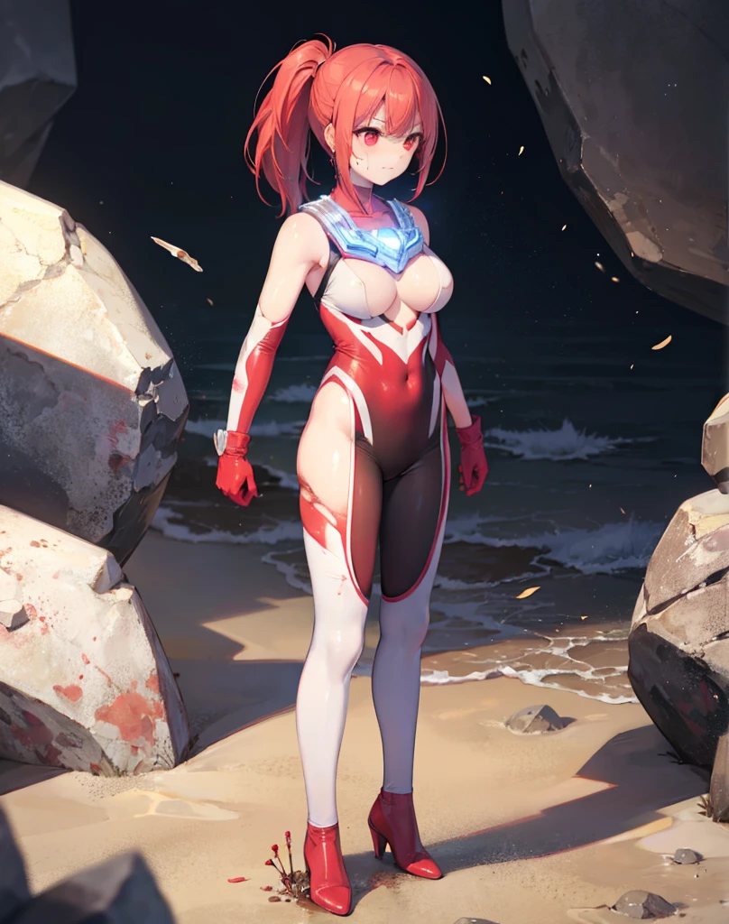 (Close-up:1.2),Realistic,Highest quality, Ultra Detail, High-quality CG rendering, The most delicate and beautiful, Floating softly, High resolution, (1 giant girl), (Highest quality,4K,8k,masterpiece:1.2),(All red hair:1.5), (ponytail:1.5),(Red eyes:1.5), (Ultra Girl:1.0), (All red Ultraman bodysuit:1.4),(Do not expose your skin:1.6),(Slightly larger breasts:1.5),(Red gloves:1.3),(Red Shoes:1.3),(whole body:1.3),(Are standing:1.3),(Plain surrounded by rocks:1.3),(Brown sandy ground:1.3),(Clenched Fist:1.3),(sweating:1.3),(Wounded:1.3),(Brown mud stains:1.3)