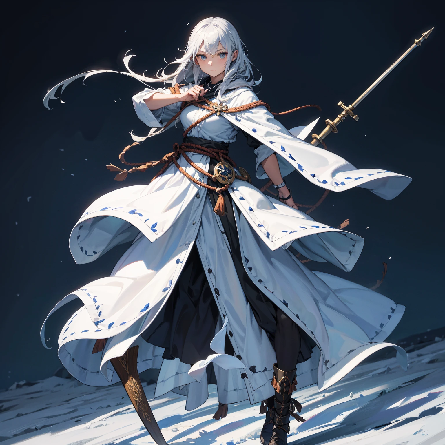 The main character in the Scandinavian Nordic theme. shaman, woman. It is necessary to depict an interesting weapon and a guardian spirit. The preferred details would be a dynamic pose., Rendering style is casual, soft, with neat shapes and detailed textures, Pure colors, without burnt or dirty. The character should look finished., do not give the impression of a sketch or a quick drawing, full length, character in full. digital painting, Scandinavian shaman with a staff