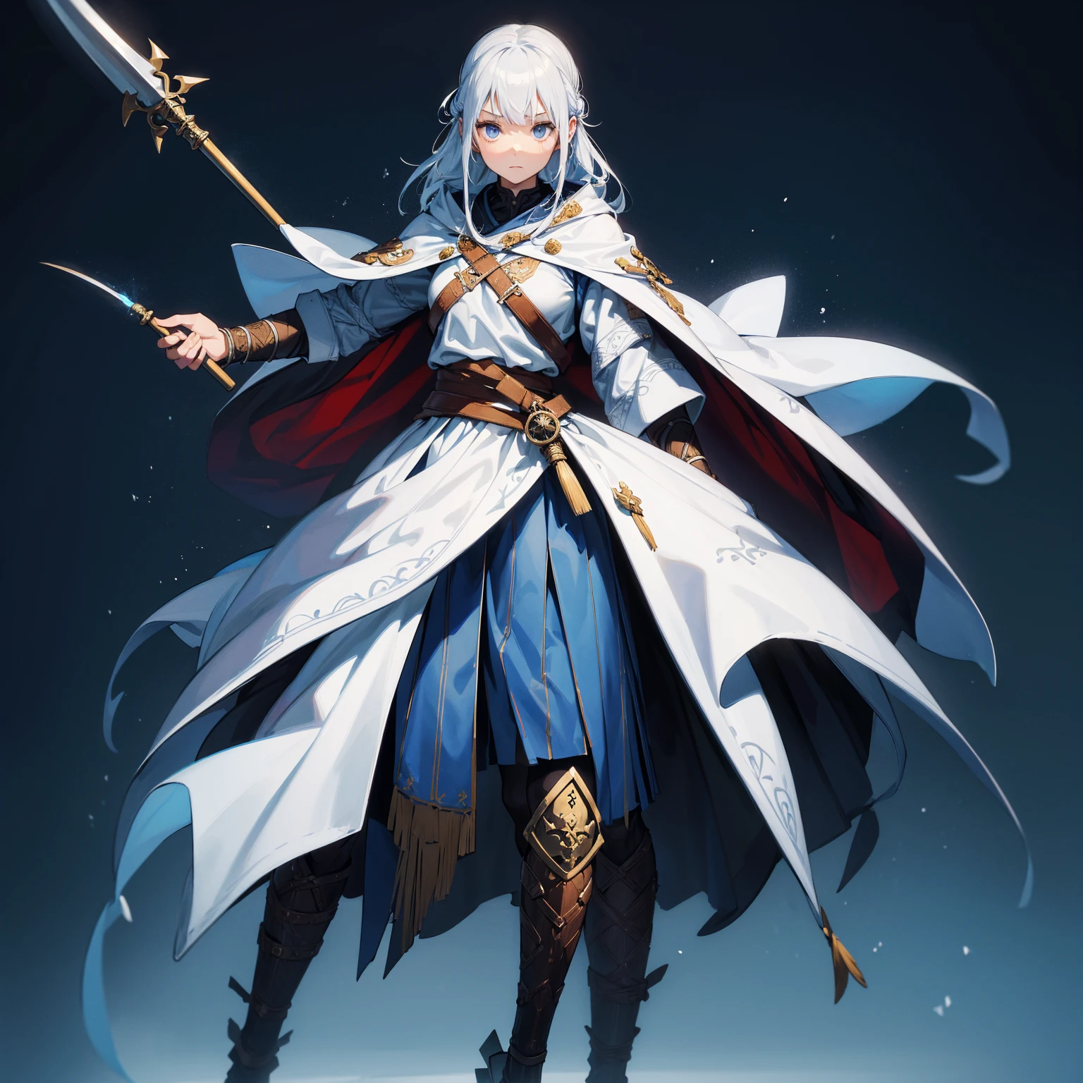 The main character in the Scandinavian Nordic theme. shaman, woman. It is necessary to depict an interesting weapon and a guardian spirit. The preferred details would be a dynamic pose., Rendering style is casual, soft, with neat shapes and detailed textures, Pure colors, without burnt or dirty. The character should look finished., do not give the impression of a sketch or a quick drawing, full length, character in full. digital painting, Scandinavian shaman with a staff