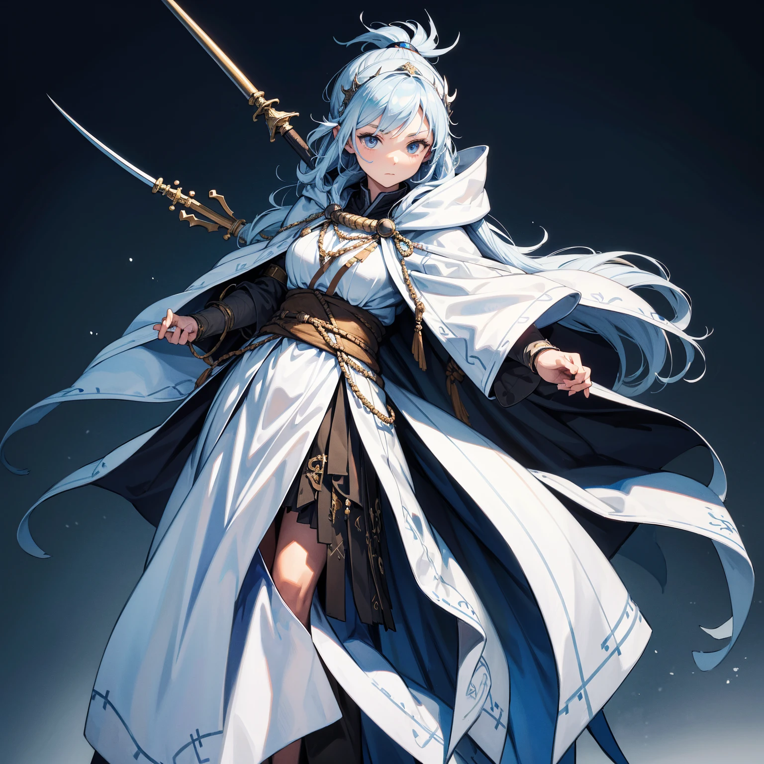 The main character in the Scandinavian Nordic theme. shaman, woman. It is necessary to depict an interesting weapon and a guardian spirit. The preferred details would be a dynamic pose., Rendering style is casual, soft, with neat shapes and detailed textures, Pure colors, without burnt or dirty. The character should look finished., do not give the impression of a sketch or a quick drawing, full length, character in full. digital painting, Scandinavian shaman with a staff