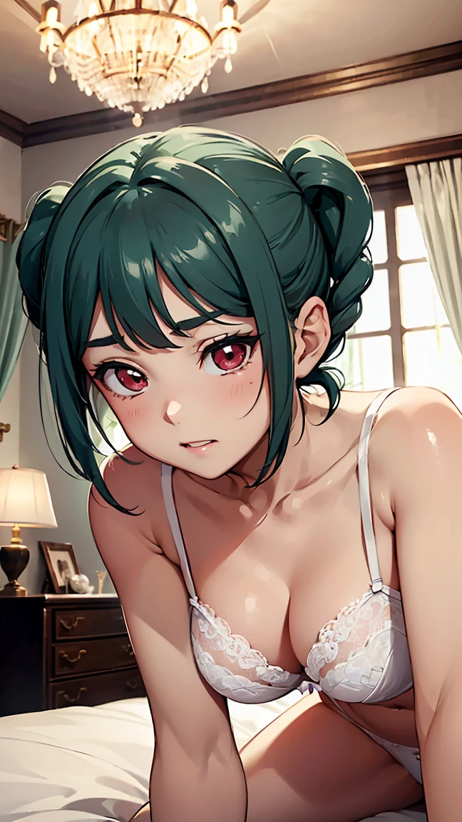 onitsuka tomari, twin braids, twin tails, aqua hair, red eyes, light green short hair,----Composition seen from behind, woman facing away from you, crawling on all fours, skinny, slender girl 1, (((sleepy expression))), (((dozing off))),, --- --pure white panties visible, (from bottom: 1.2), ----Pure white and beautiful lace bra, (((Please show me pure white and beautiful white lace lingerie))). ((Pure white and beautiful panties)), pure white and beautiful stockings, ---(8K, Raw, Highest Quality, Real 1.2), Ultra High Quality, High Resolution, Highest Quality, Perfect Face, Perfect Limbs, Perfect Fingers, High Resolution, (Beautiful Anime Face, Cute Face, Detailed Face), Smile of Joy, Smiling Expression, Lying on Bed, Cowboy Shot, Miniature Human Hand, (((Medium Bust 1.3)))), (((Slender Thighs 1.3))), Pure White Chalk Interior, Pure White Marble Interior, ((Pure White Bedroom Like a Western Castle: 1.5)), ((Luxurious Pure White Canopy Bed: 1.4)), (((Chandelier: 1.4))), ((Pure White Bed 1.5)), ((Beautifully Decorated Bedroom 1.5)), ((Modern Style Bedroom 1.5)), perfect anatomy, perfect proportions, nice lighting, bright colors, clean lines, information, blurred, stunning facial expression, restless emotions, gorgeous and pretty, beautiful face and eyes in every detail, (masterpiece) beautiful face, young and handsome girl, really perfect skin, blurred, stunning facial expression, restless emotions, gorgeous and pretty, beautiful face and eyes in every detail, (Audrey Hepburn), (cute), (J-POP idol), (thighs, (depth of field), (depth of field), soft light, glittering lens gaze, (droopy eyes), straight teeth, shy smile, flowing hair, a scene from Blake's movie,